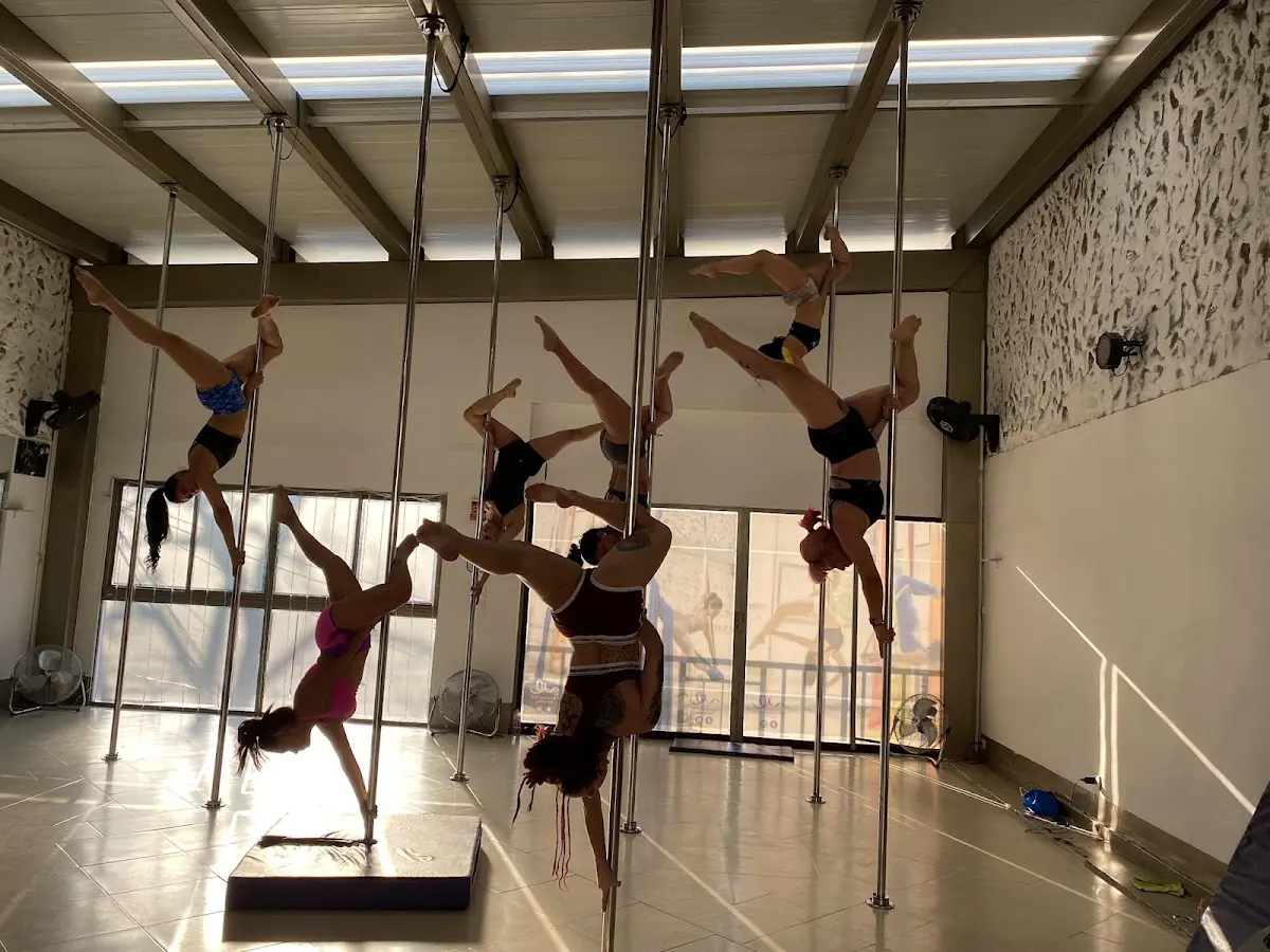 Alumnas haciendo figuras invertidas en las barras del estudio Poledanzarte